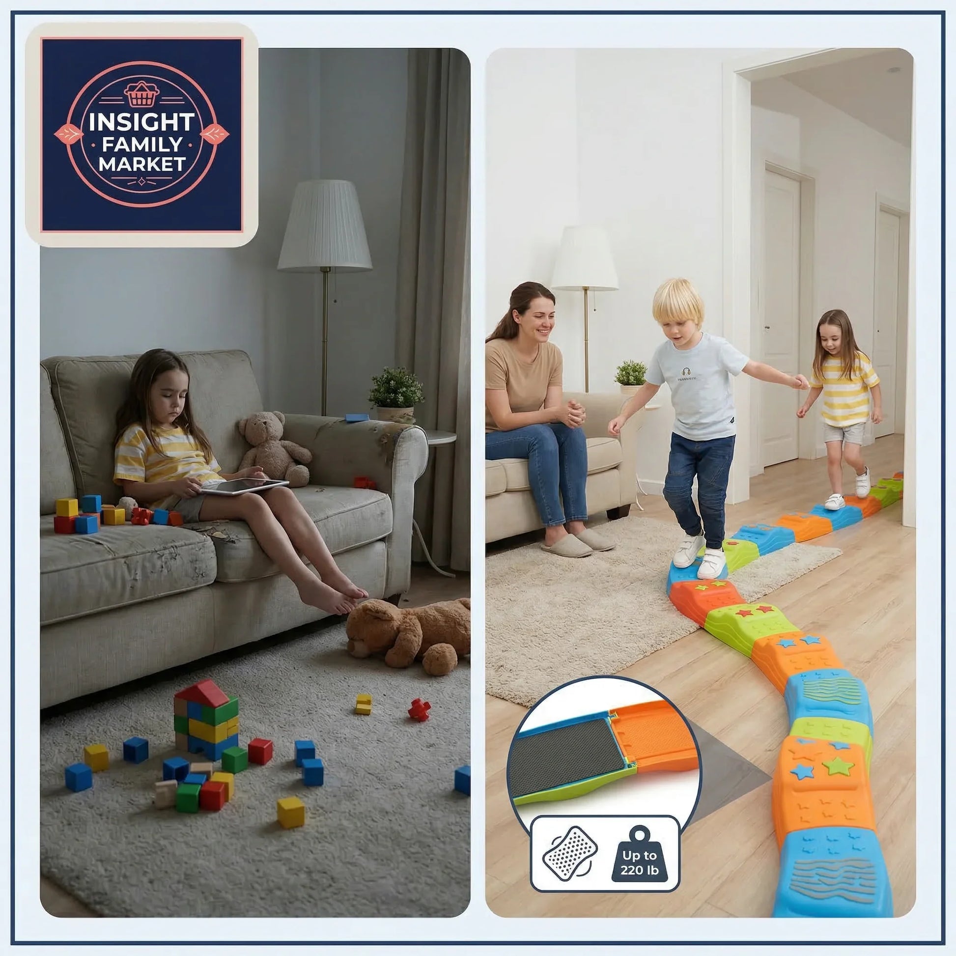 Children playing with colorful blocks in a living room, with a family watching.