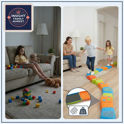 Children playing with colorful blocks in a living room, with a family watching.