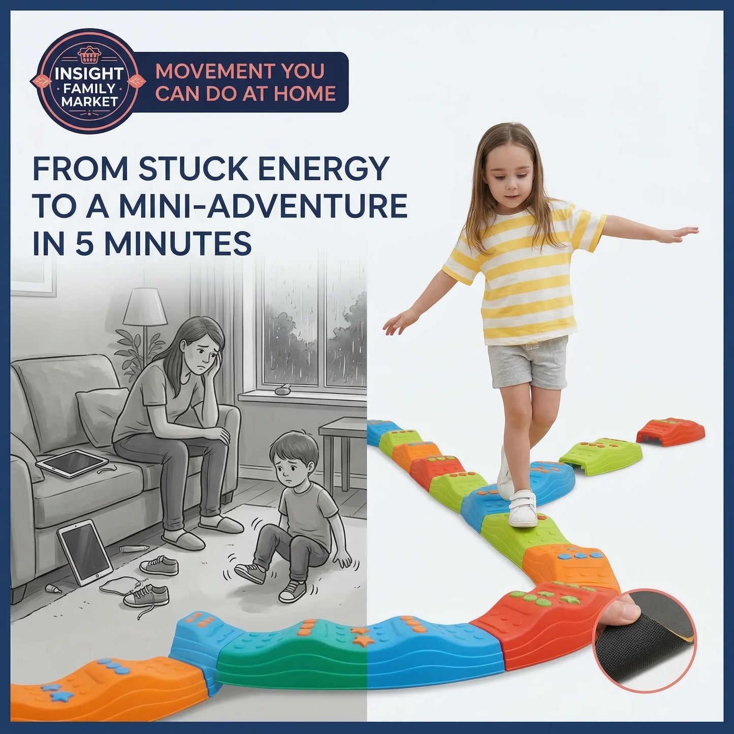 Children's toy track with a child playing on it, next to an illustration of a parent and child sitting on the floor with a tablet.