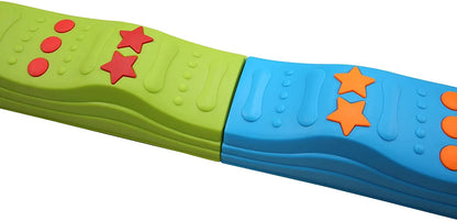 Colorful sensory balance beam with textured shapes for kids, green and blue sections