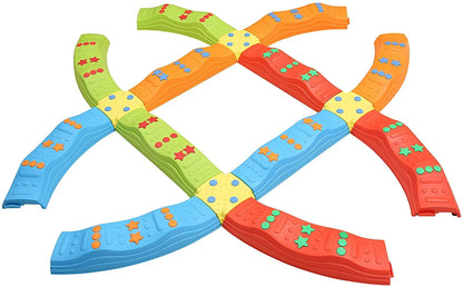 Colorful sensory balance beams for kids, curved with textured surfaces and star accents.