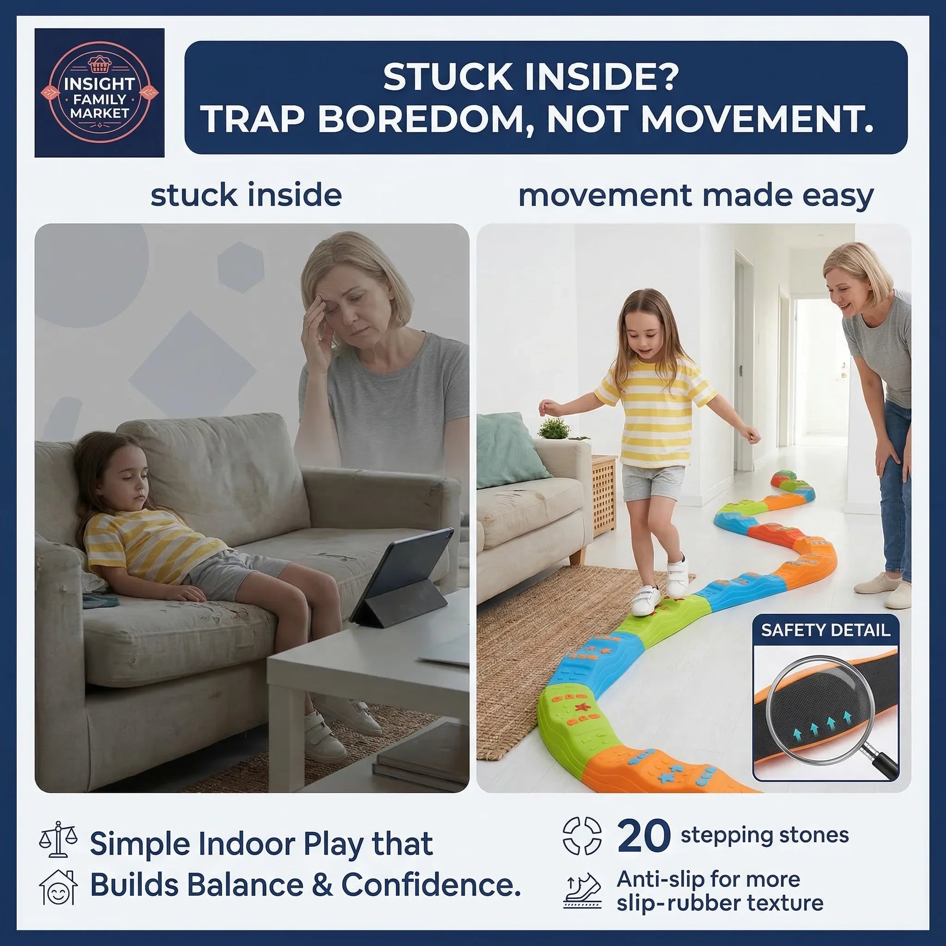 Product advertisement for indoor play set with text about movement and balance.