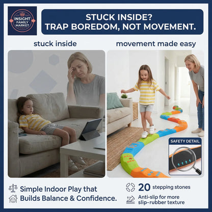 Product advertisement for indoor play set with text about movement and balance.
