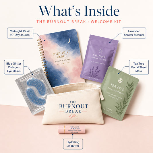 What's Inside The Burnout Break Welcome Kit — labeled infographic showing five self-care items: Midnight Reset 90-Day Journal, Lavender Shower Steamer, Blue Glitter Collagen Eye Masks, Tea Tree Facial Sheet Mask, and Hydrating Lip Butter arranged around a personalized canvas tote pouch