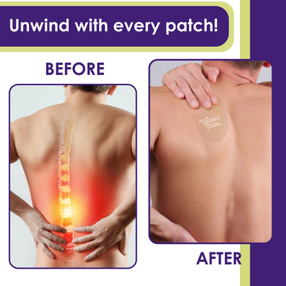 Before and after showing a person with back pain wearing a patch, with text 'Unwind with every patch!' on a purple background.