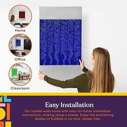 Woman installing a sensory bubble wall panel in a home, with installation guide and usage for classrooms, offices, and sensory-friendly spaces.