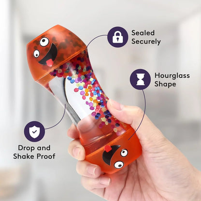 Hand holding sensory hourglass timer with colorful beads, orange lids, friendly face design.