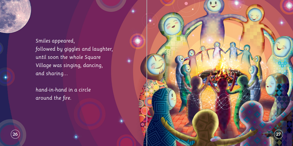 Illustration of a group of colorful characters around a fire with text on a purple background