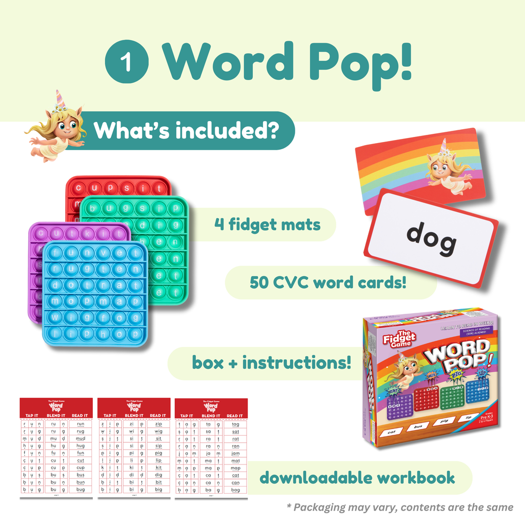 Product packaging of 'Word Pop!' educational toy with fidget mats, CVC word cards, and workbook.