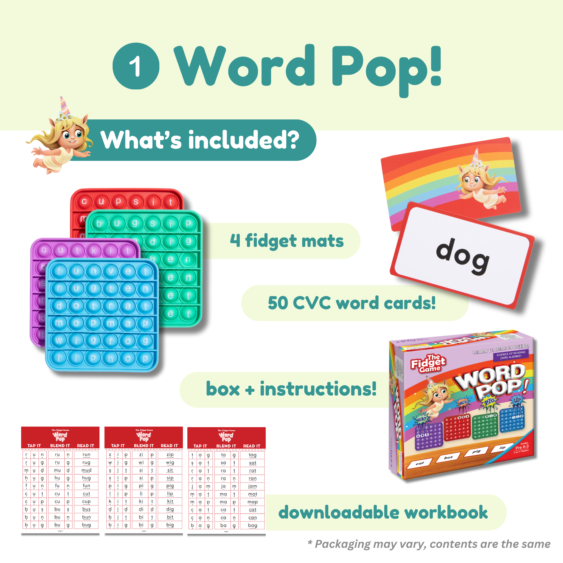 Product packaging of 'Word Pop!' educational toy with fidget mats, CVC word cards, and workbook.