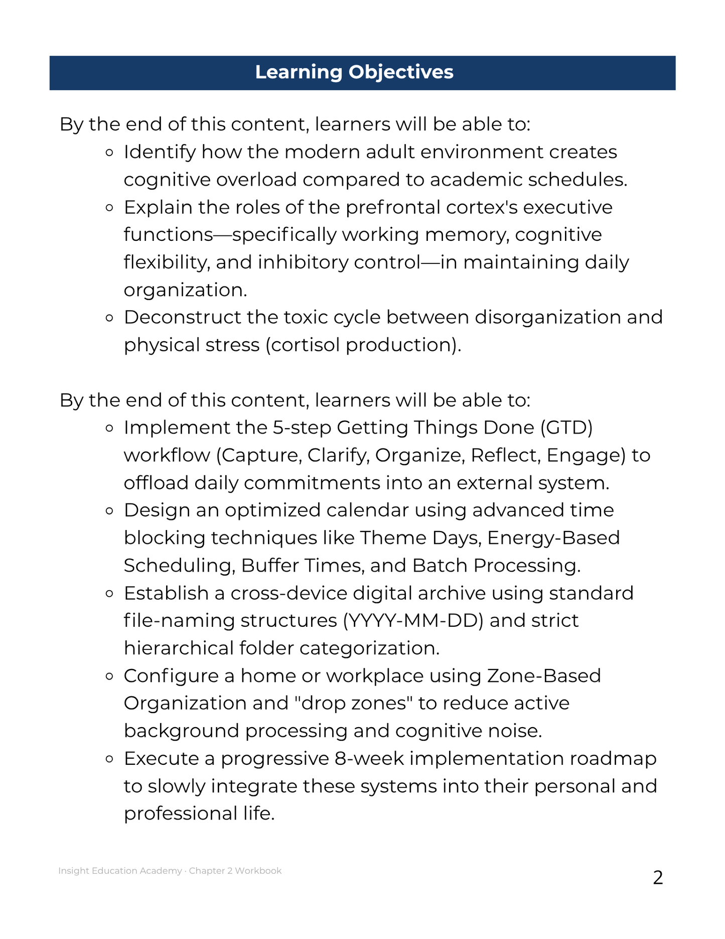 Learning objectives for a content module on adult environment and cognitive functions.