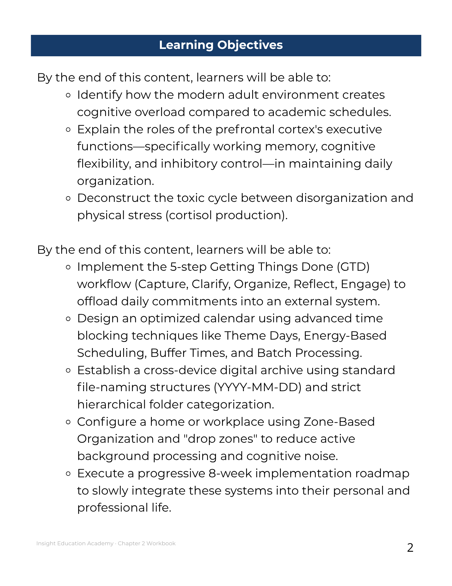 Learning objectives for a content module on adult environment and cognitive functions.