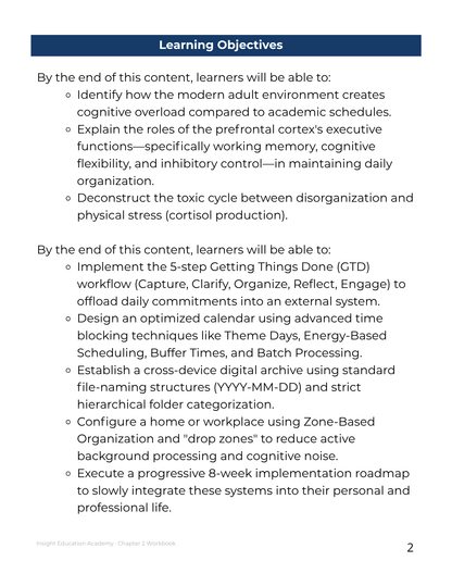 Learning objectives for a content module on adult environment and cognitive functions.