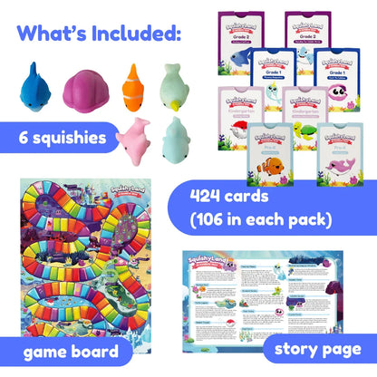 Colorful sensory game set with 6 animal squishies, 424 cards, game board, and story page.