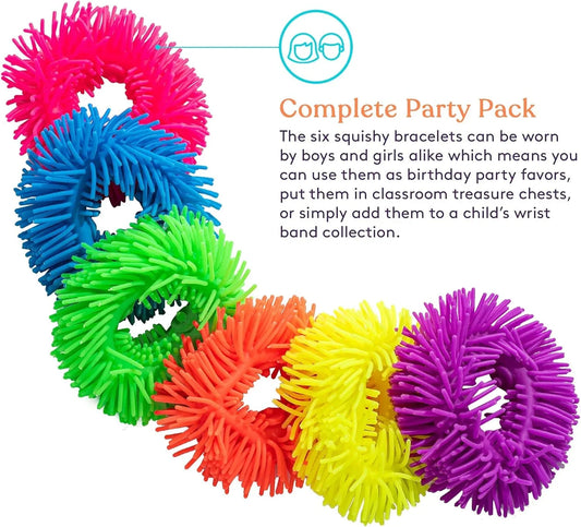 Six colorful spiky sensory bracelets for kids, ideal for party favors and sensory play.