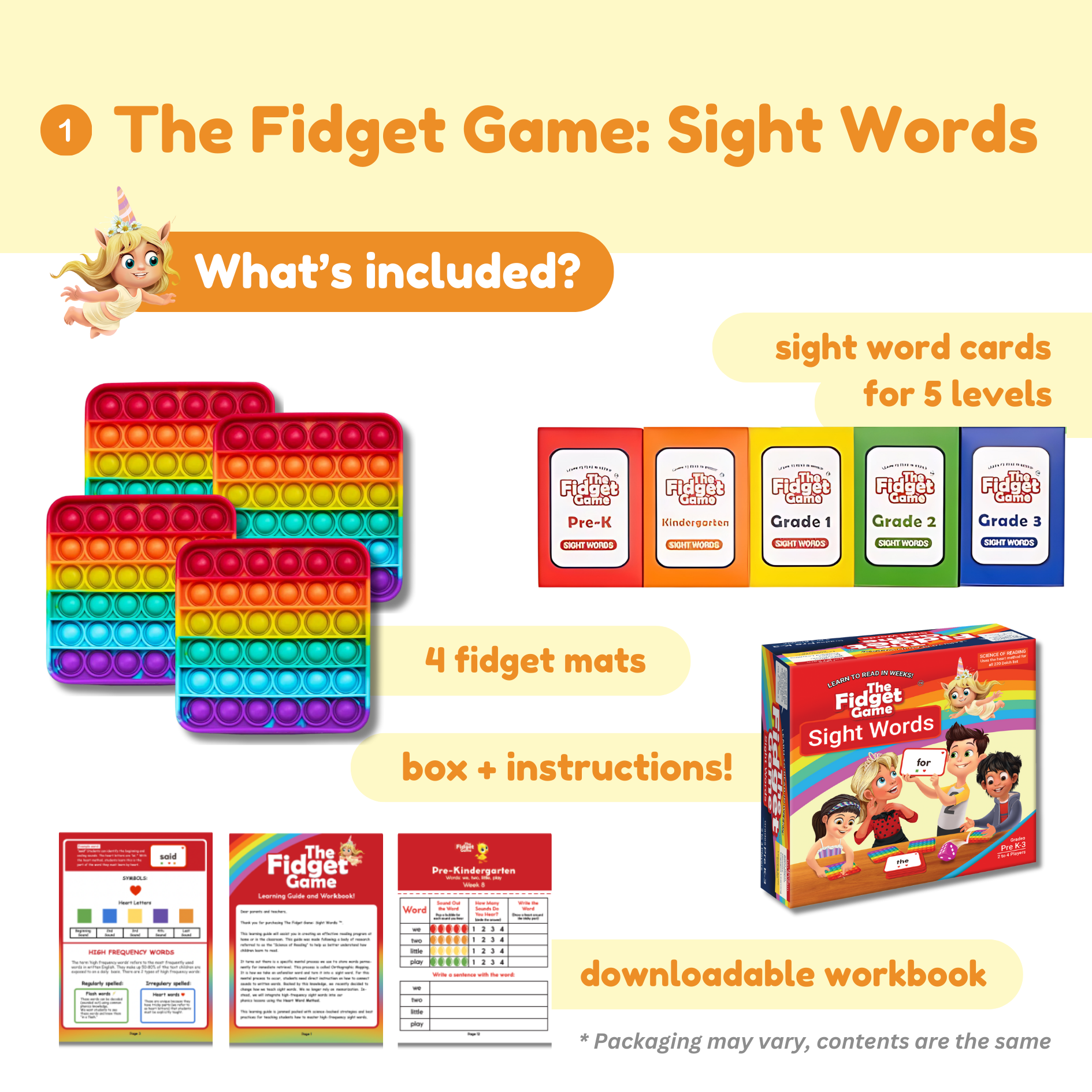 Fidget game set with sight word cards, fidget mats, and workbook on a colorful background