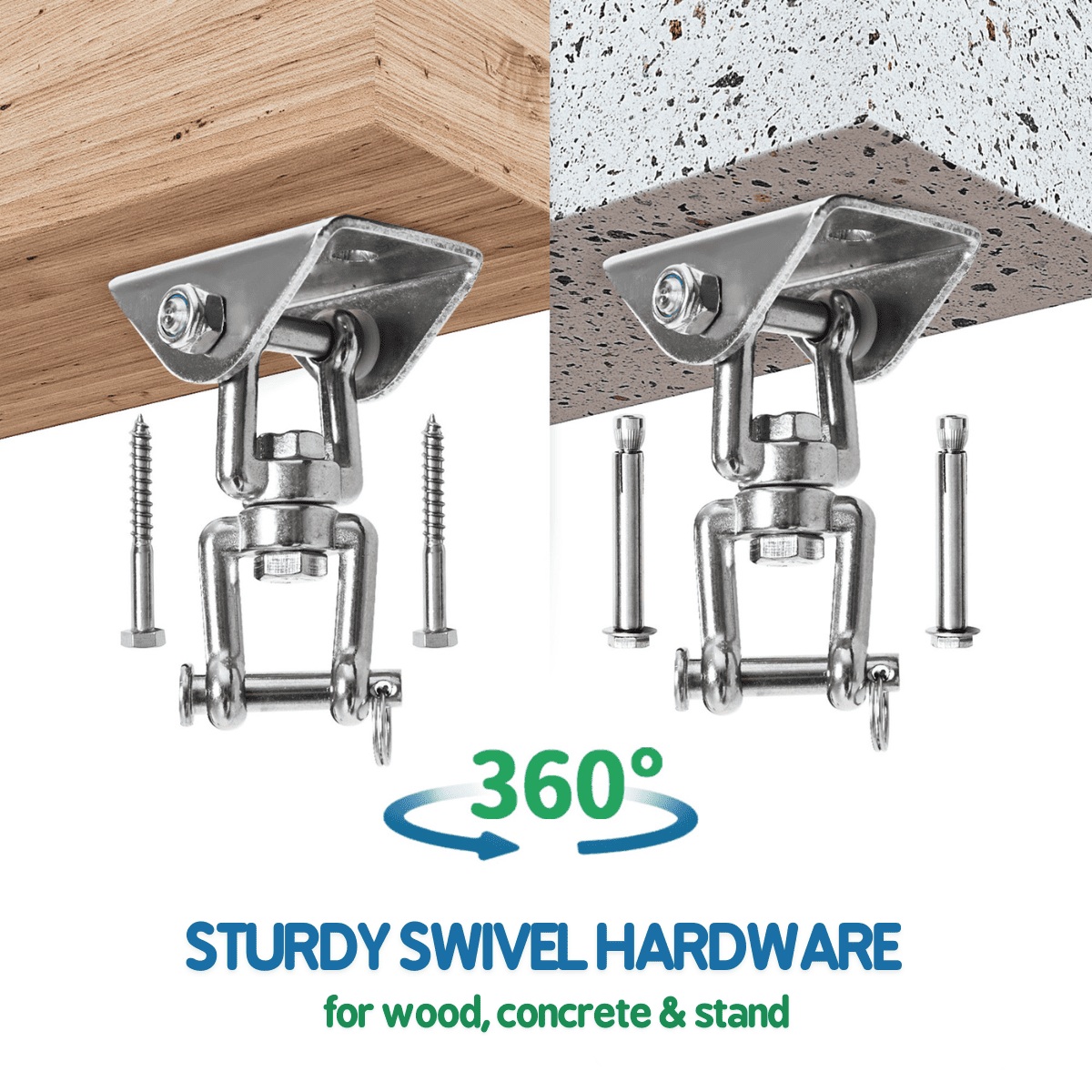 Sturdy swivel hardware for wood, concrete, and stand with screws on a white background.
