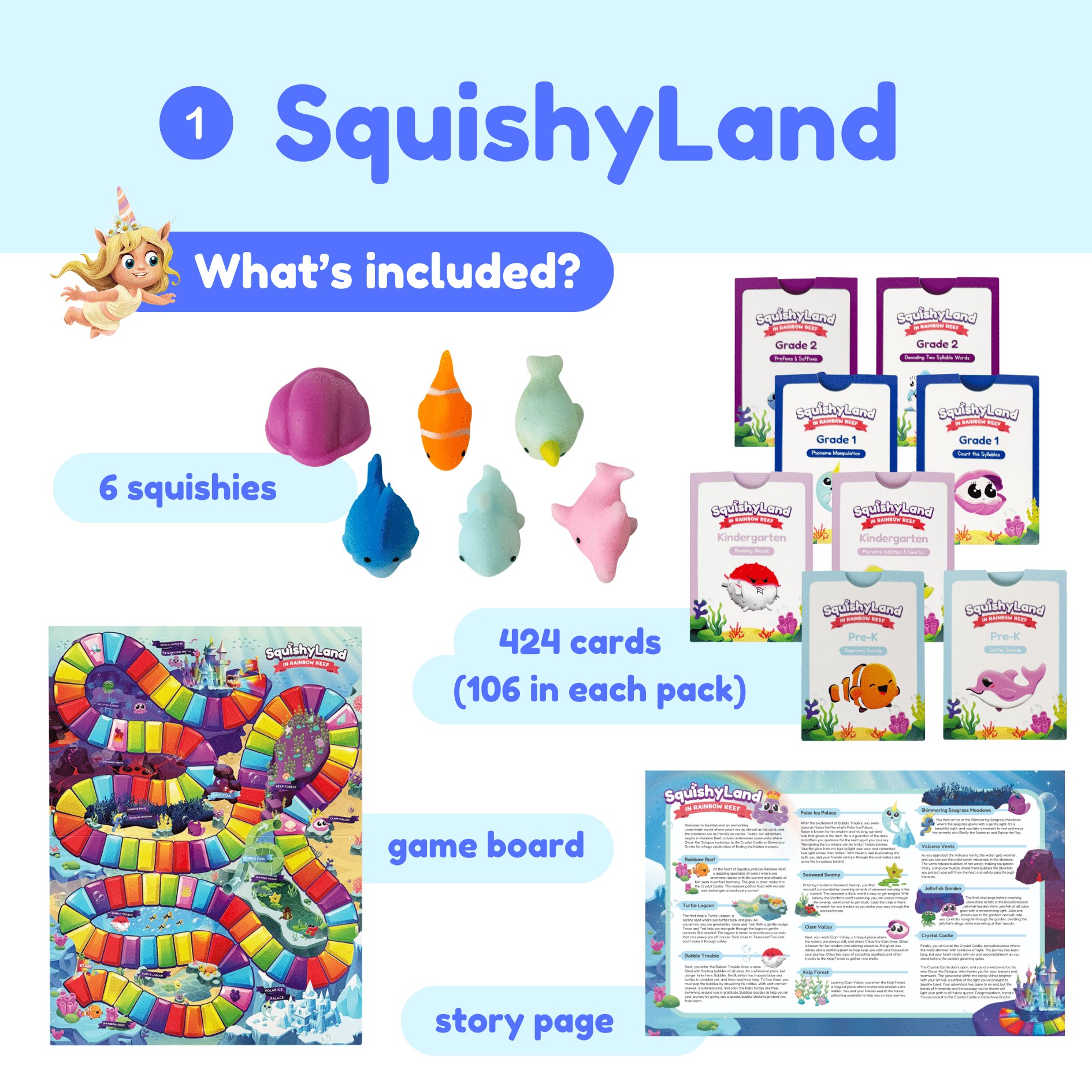 SquishyLand product set with squishies, cards, game board, and story page on a blue background.