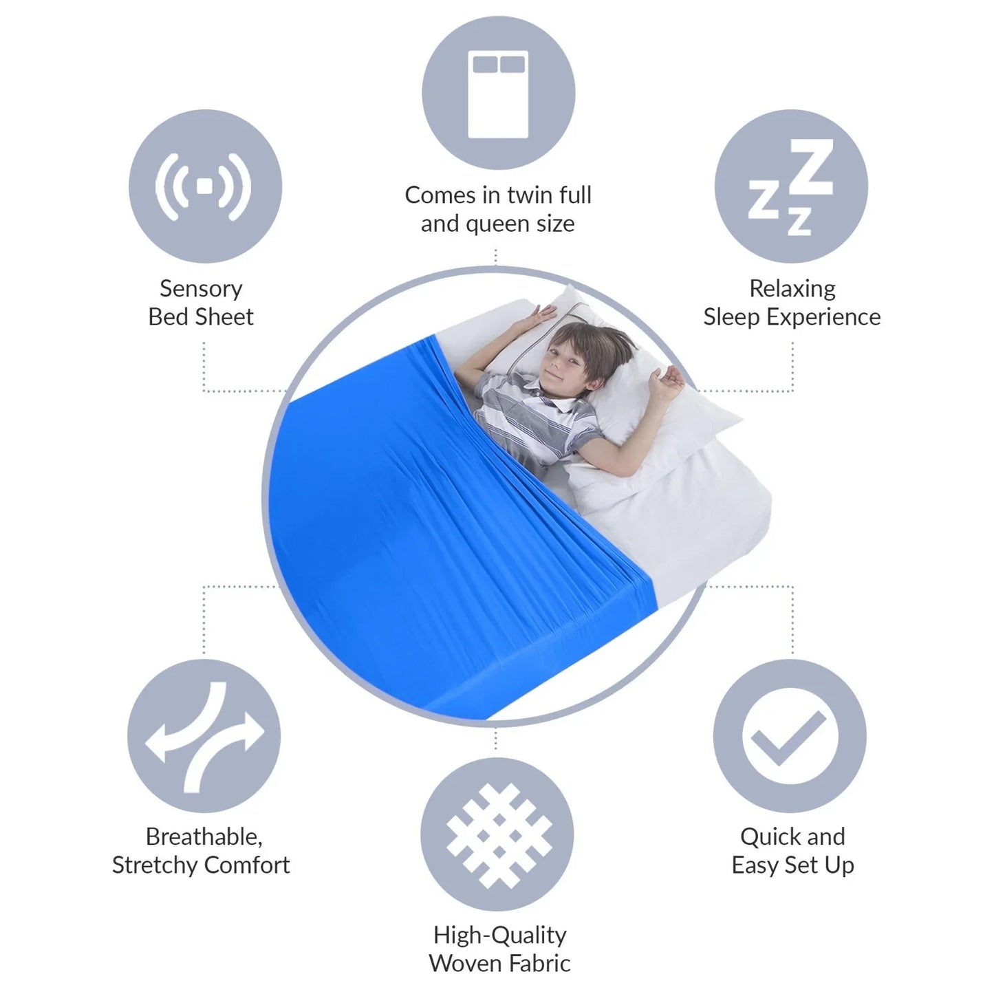 Child lying under a blue sensory bed sheet, breathable and stretchy comfort, sleep support features.
