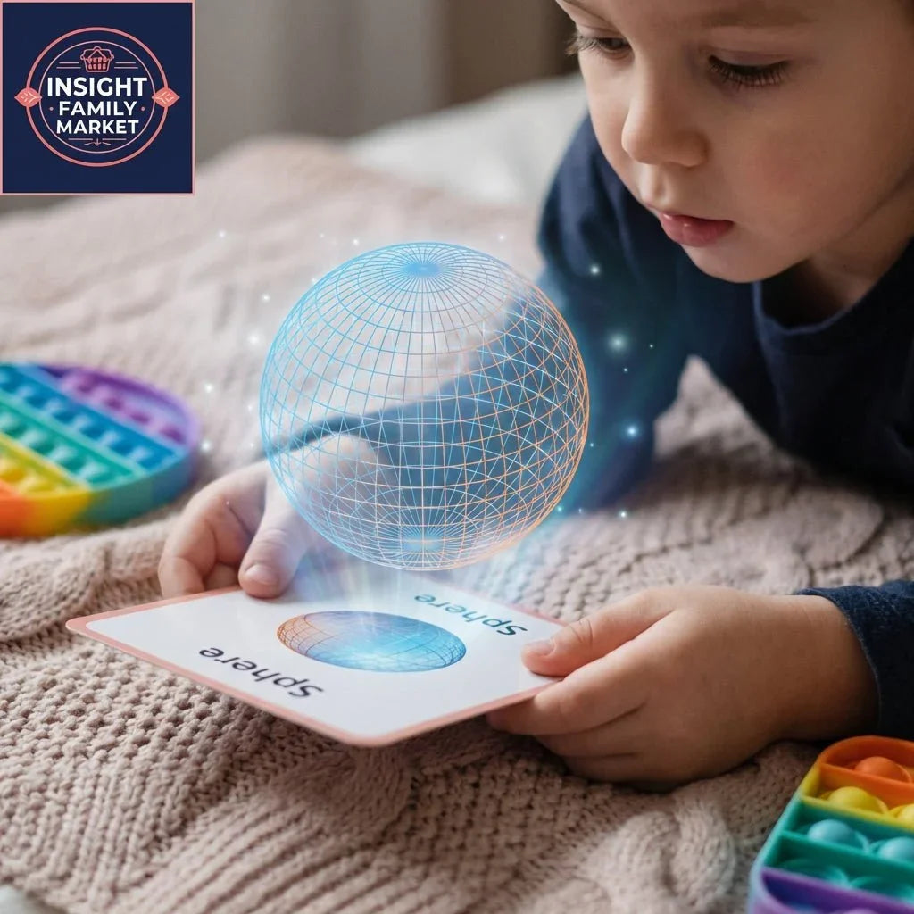 Young child using sensory math flashcard with holographic sphere and fidget toy