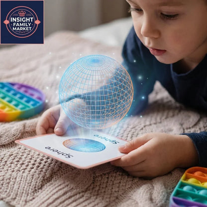 Young child using sensory math flashcard with holographic sphere and fidget toy