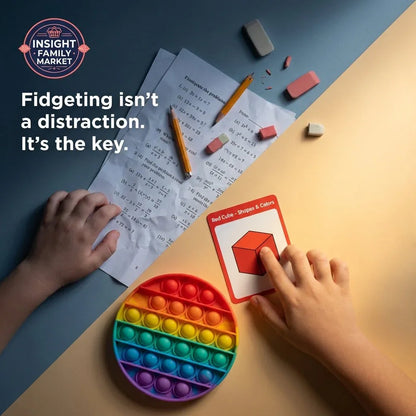 Child’s hands with math worksheets, sensory fidget toy, and learning flash card for focus support.