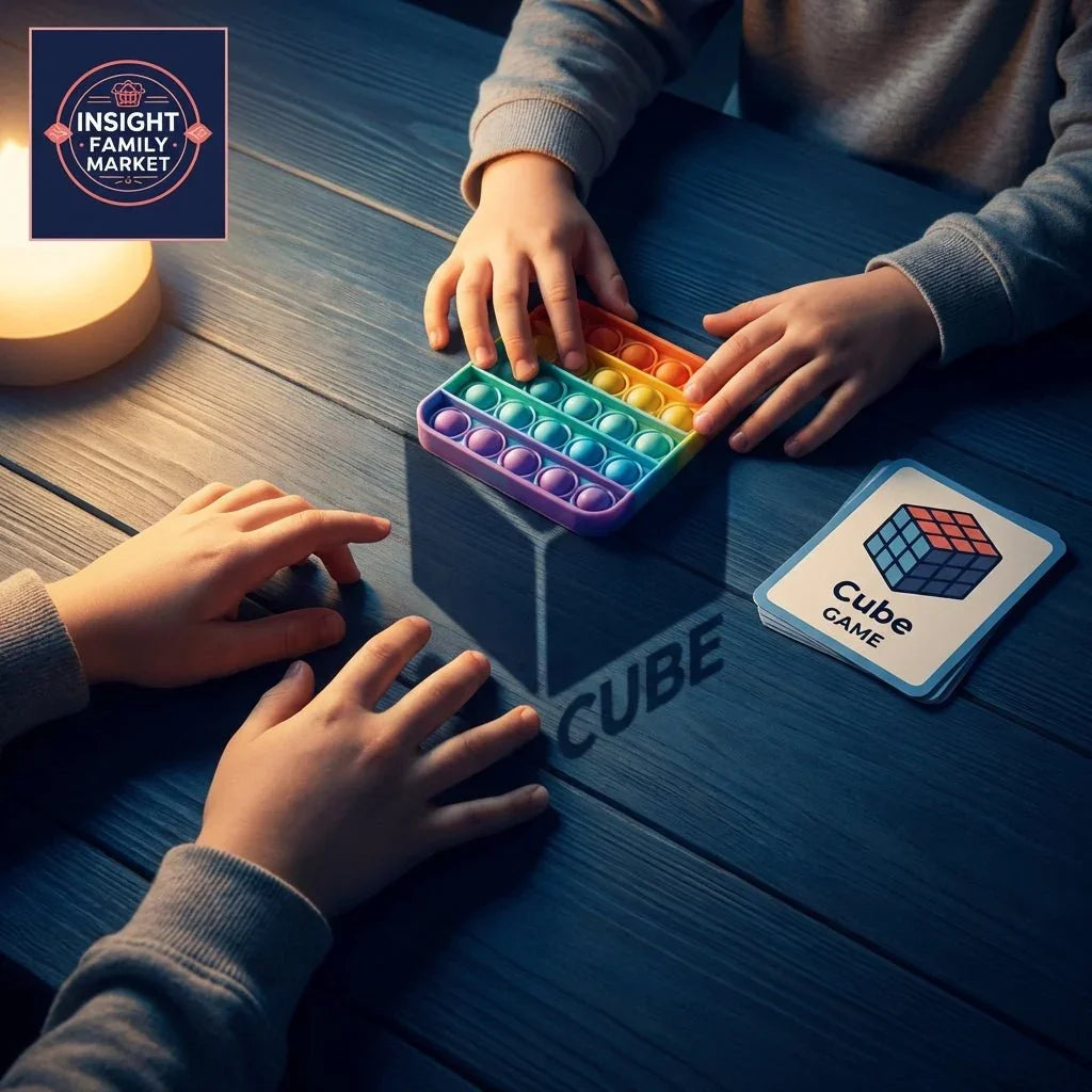 Children playing with a rainbow sensory pop it toy and educational cube flashcards on a table
