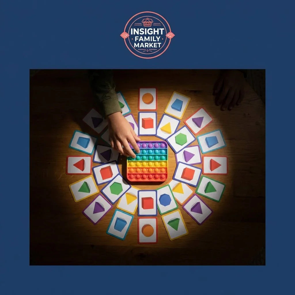 Child's hand playing with a rainbow pop it and colorful shape cards for sensory math learning.