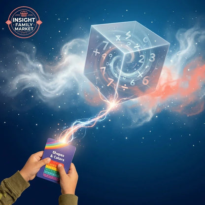 Child holding shapes and colors flashcards with abstract math symbols floating in space.
