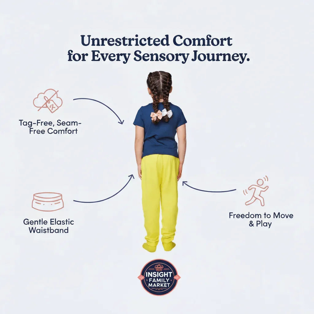 Child in sensory-friendly clothing with tag-free seam-free comfort and elastic waistband.