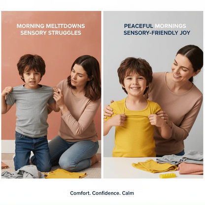 Mom helping child with sensory-friendly clothing, showing calm morning routine and sensory support.