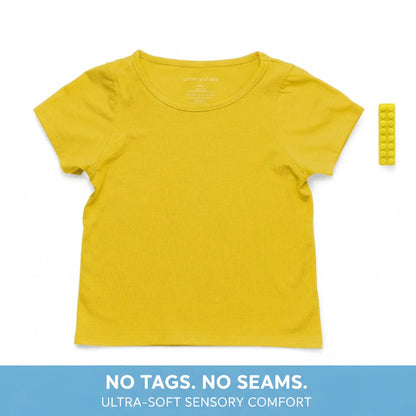 Yellow sensory-friendly seamless short sleeve shirt for kids on white background.