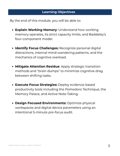 Learning objectives for a module on working memory and focus strategies on a white background.