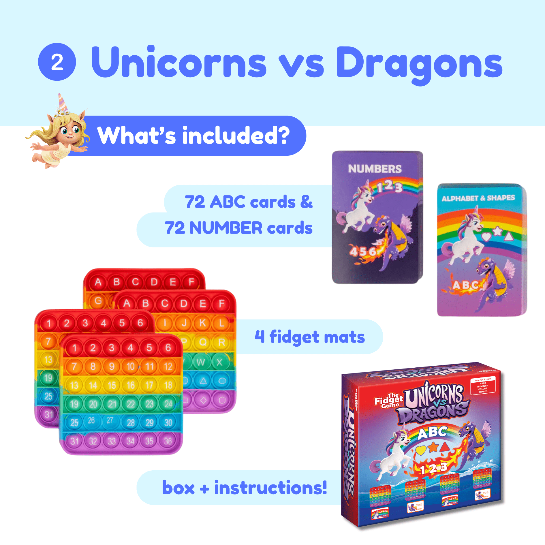 Educational toy set with ABC and number cards, fidget mats, and a box labeled 'Unicorns vs Dragons'.