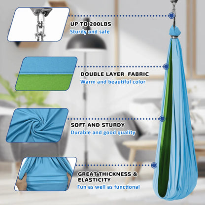 Blue and green sensory swing hammock with double layer fabric, sturdy metal hardware, and labels for thickness, elasticity, softness, and 200lbs weight support in modern living room.
