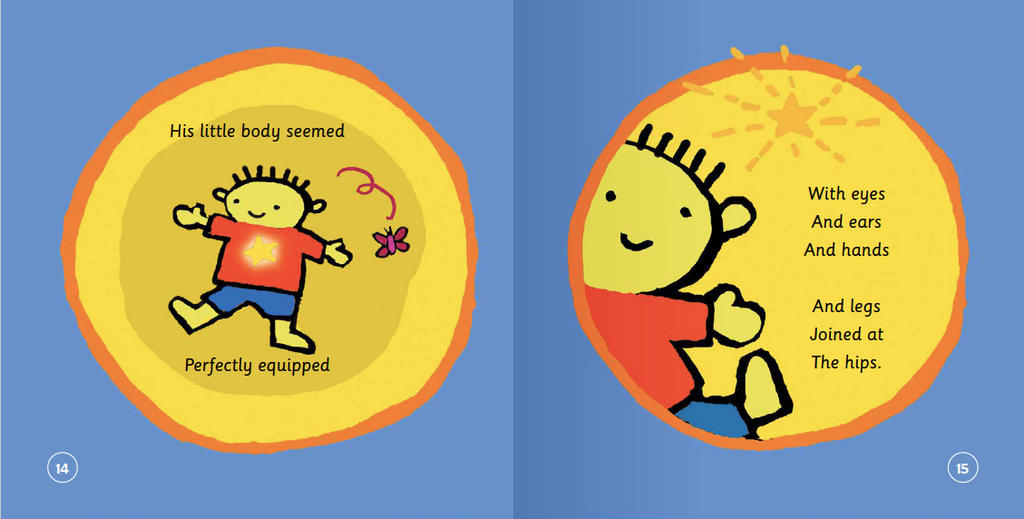Illustrations of a child and a baby on yellow circles with text against a blue background