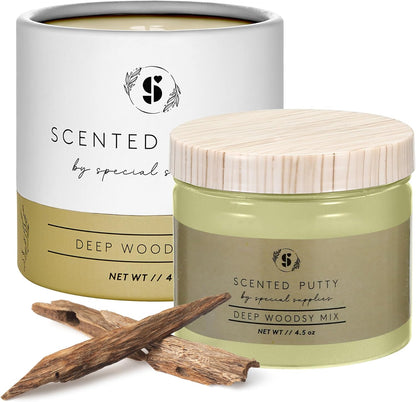 Deep Woodsy Mix scented sensory putty in jar with lid and wood pieces, calming sensory tool