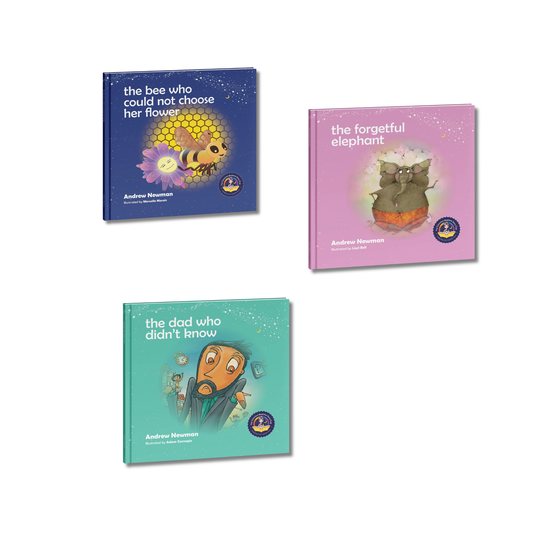Three children's books with colorful covers on a white background