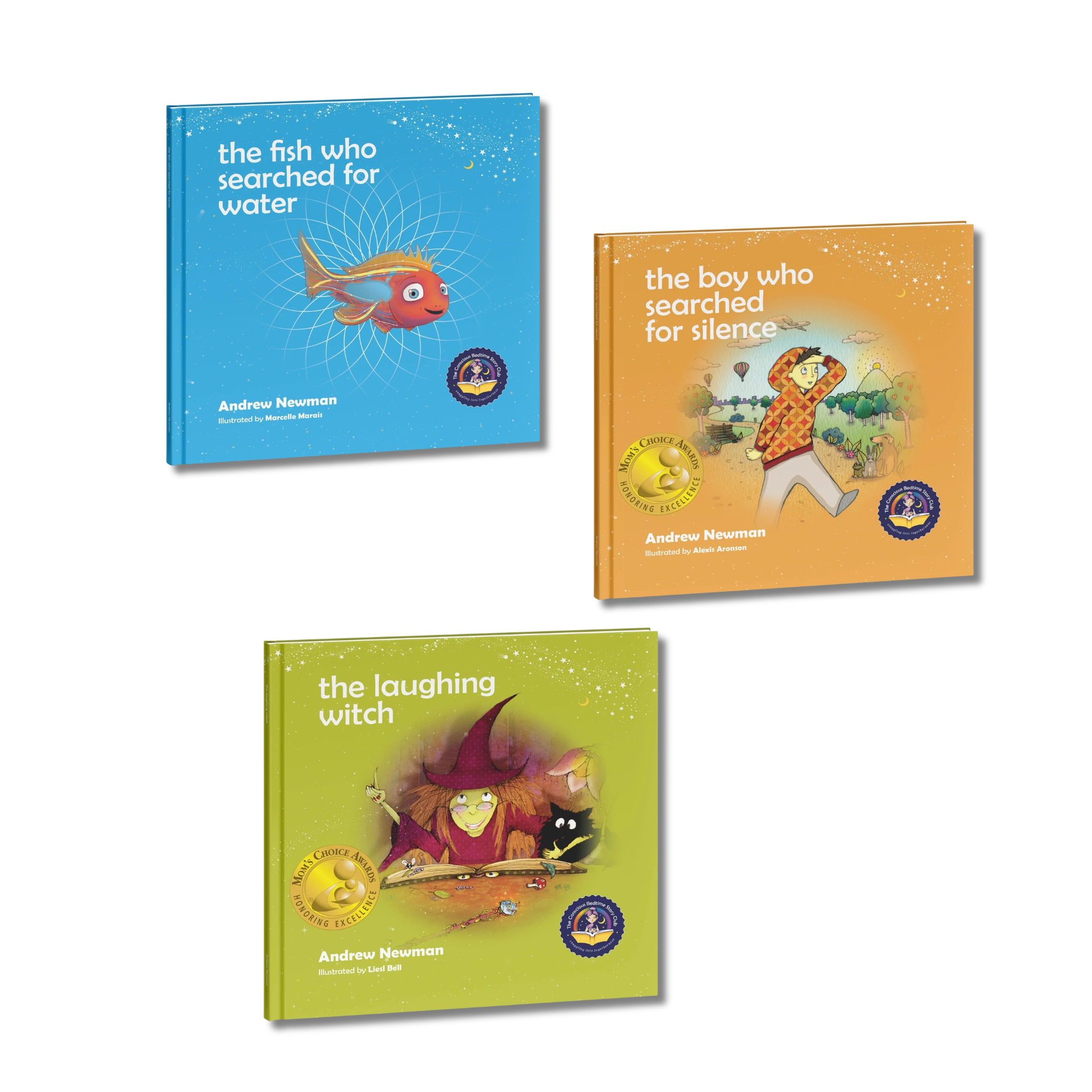 Three books titled 'the fish who searched for water', 'the boy who searched for silence', and 'the laughing witch' by Andrew Neuman on a white background.