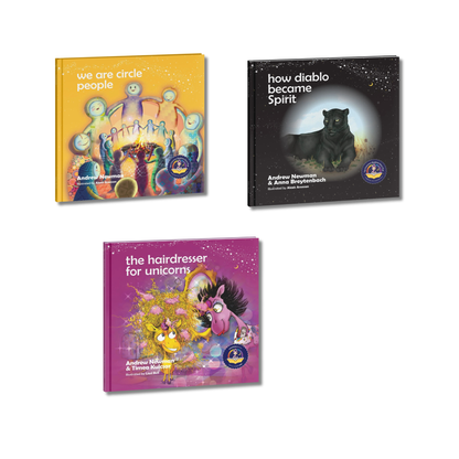 Three books with colorful covers featuring characters and text on a white background