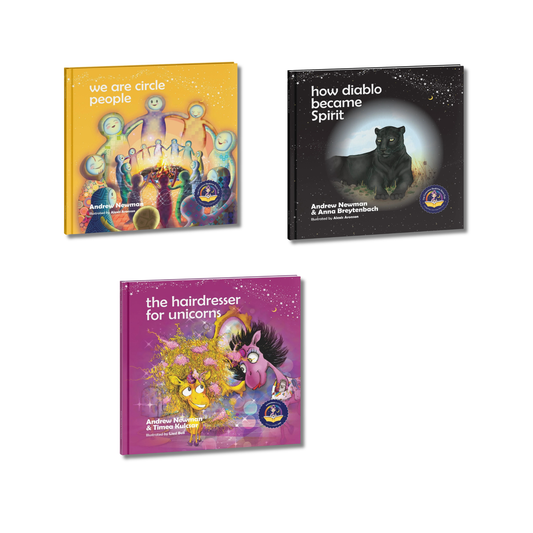 Three books with colorful covers featuring characters and text on a white background