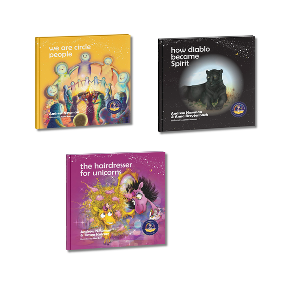 Three books with colorful covers featuring characters and text on a white background