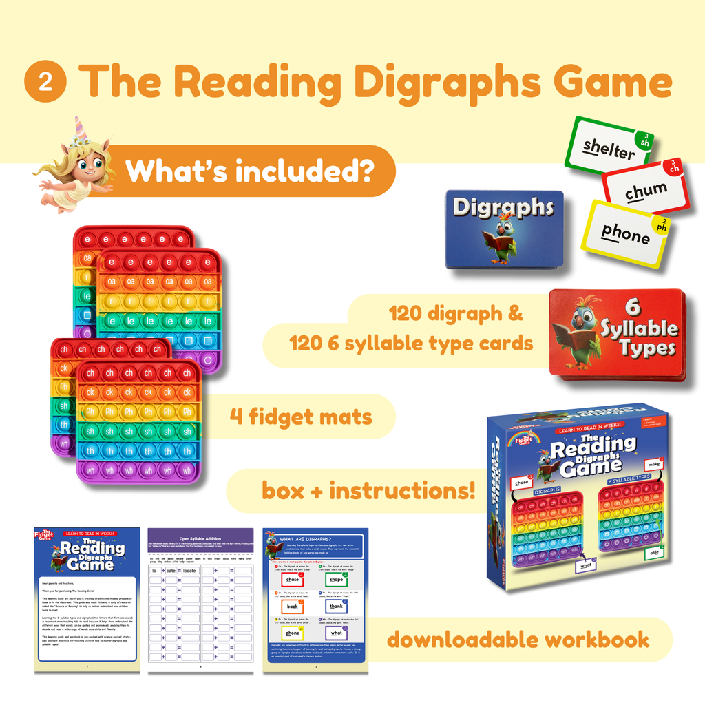 Educational game set for learning digraphs with colorful components and text on a yellow background.