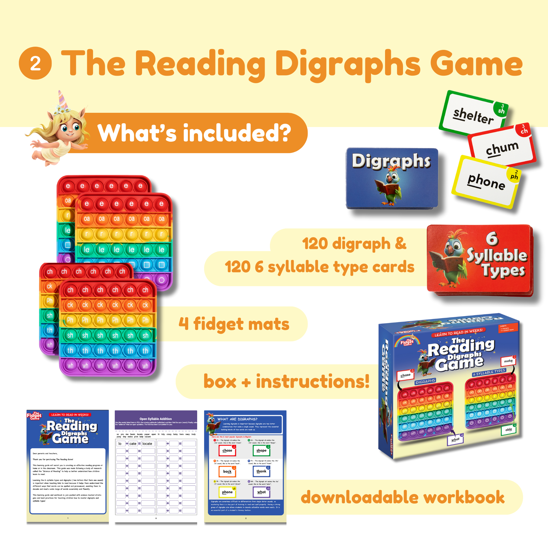 Educational game set for learning digraphs with colorful components and text on a yellow background.
