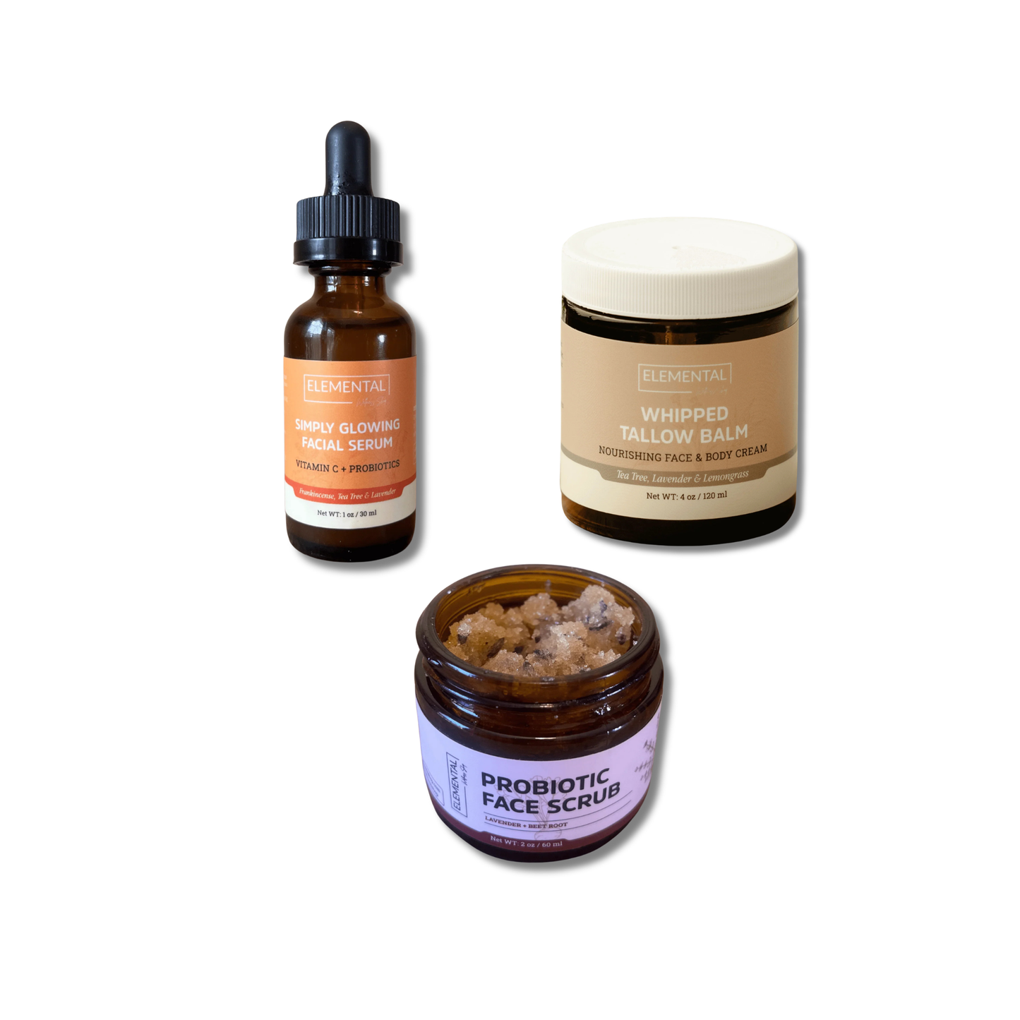 Three skincare products from Elemental Skin on a white background