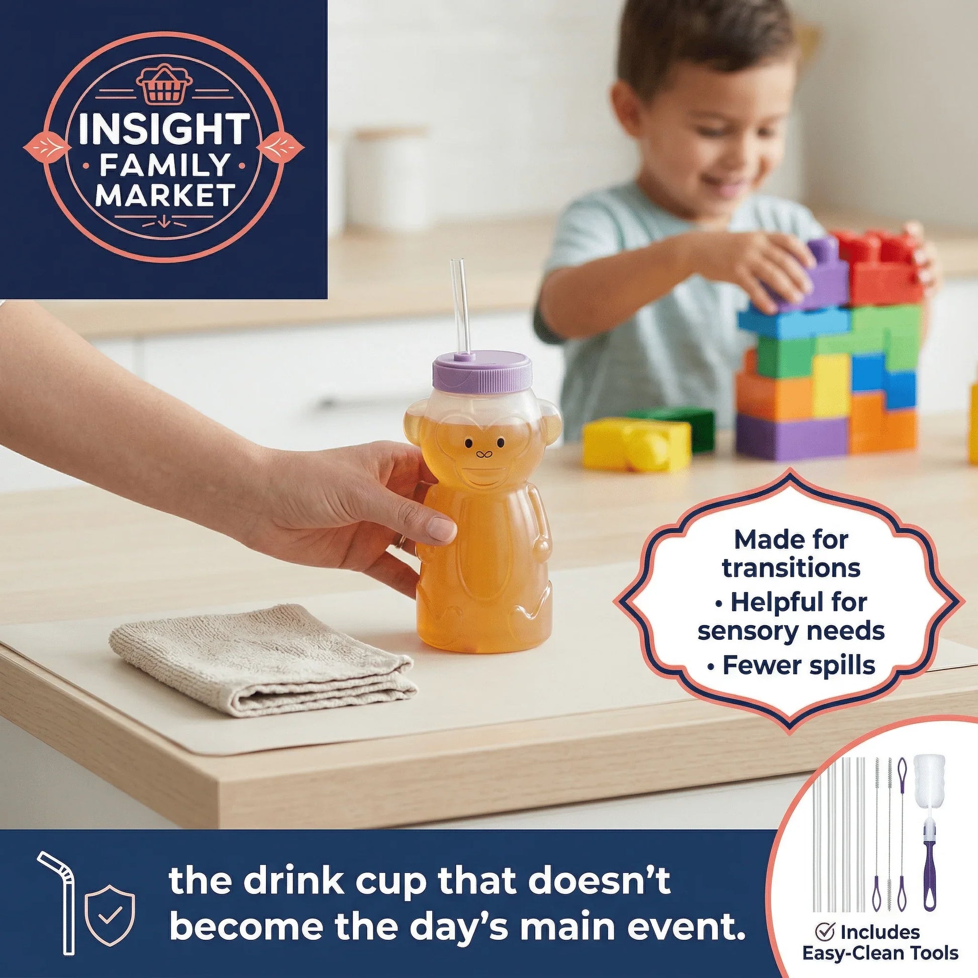 Spill-proof sensory drink cup with bear design and straw, child playing with blocks in background.