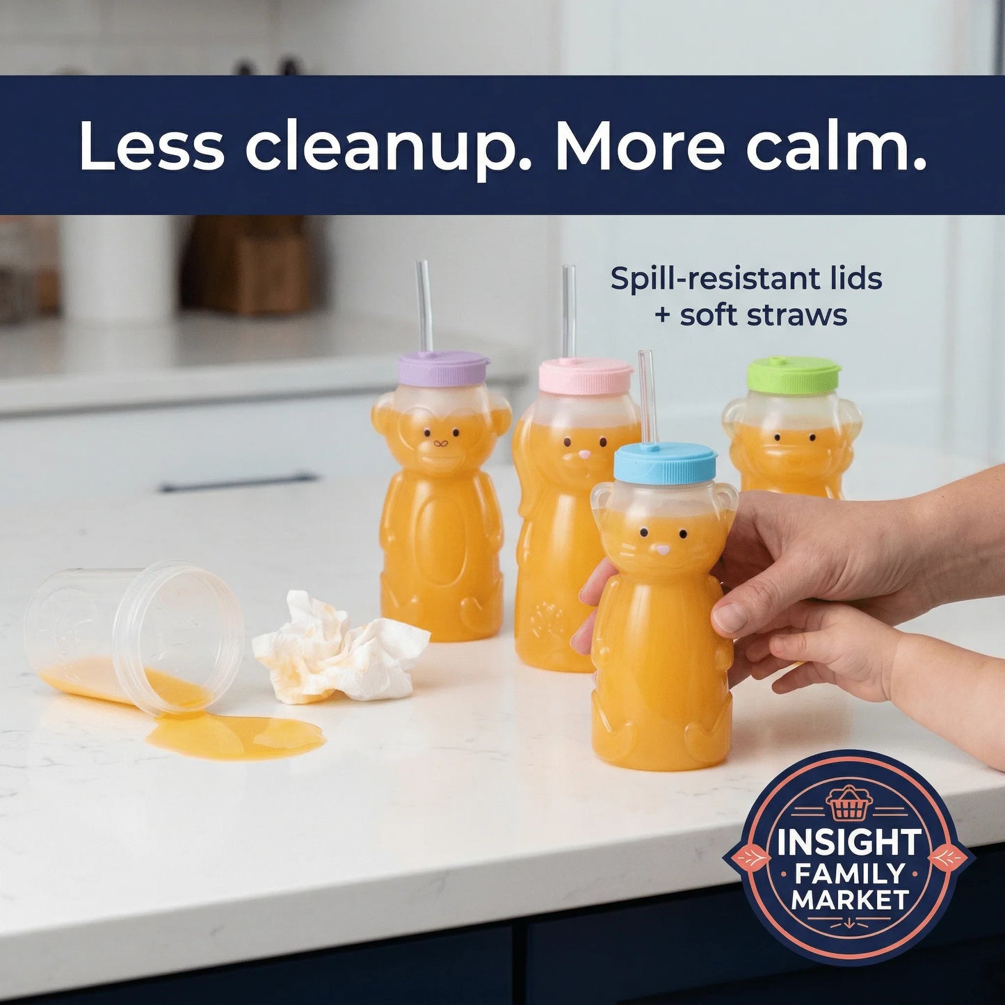 Bear-shaped sensory-friendly cups with spill-resistant lids on kitchen counter, orange juice, minimal mess.
