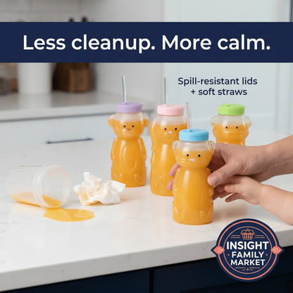 Bear-shaped sensory-friendly cups with spill-resistant lids on kitchen counter, orange juice, minimal mess.