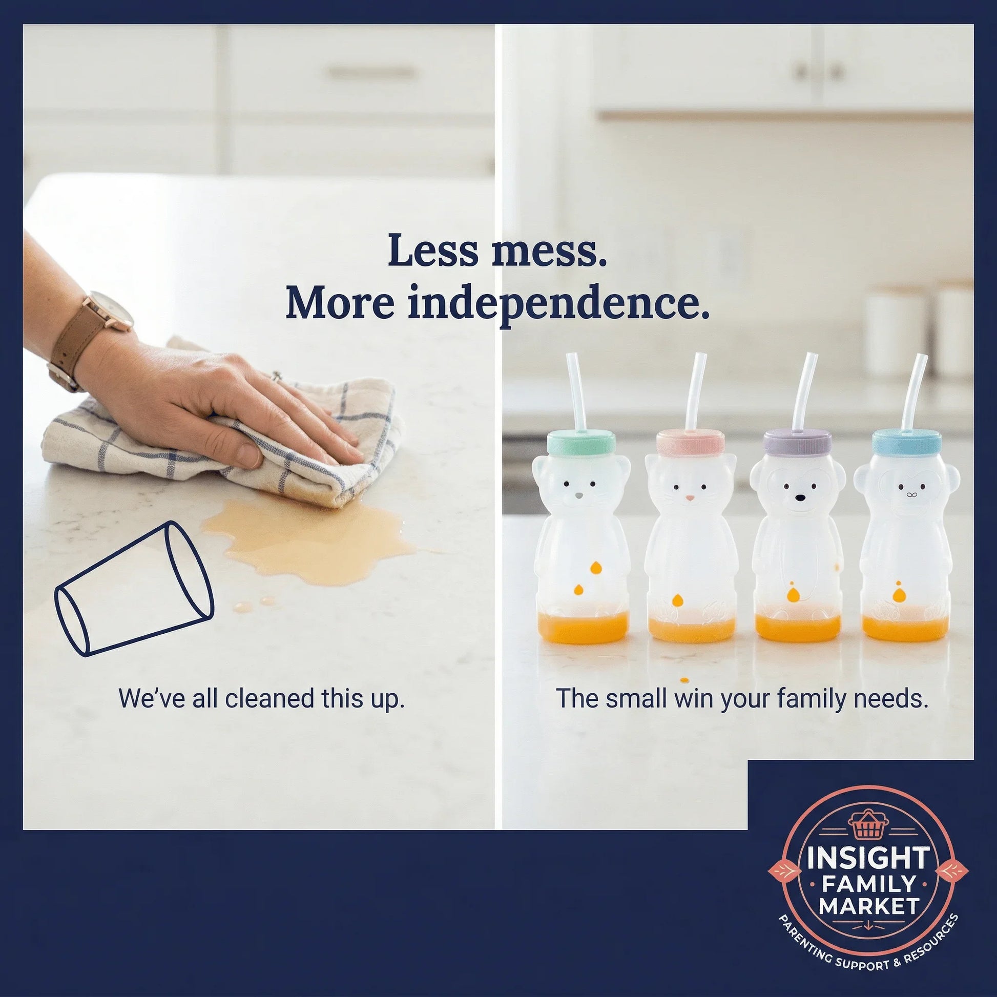 Hand wiping spilled juice on counter beside four bear-shaped sensory-friendly kids cups with straws.