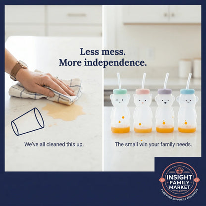 Hand wiping spilled juice on counter beside four bear-shaped sensory-friendly kids cups with straws.